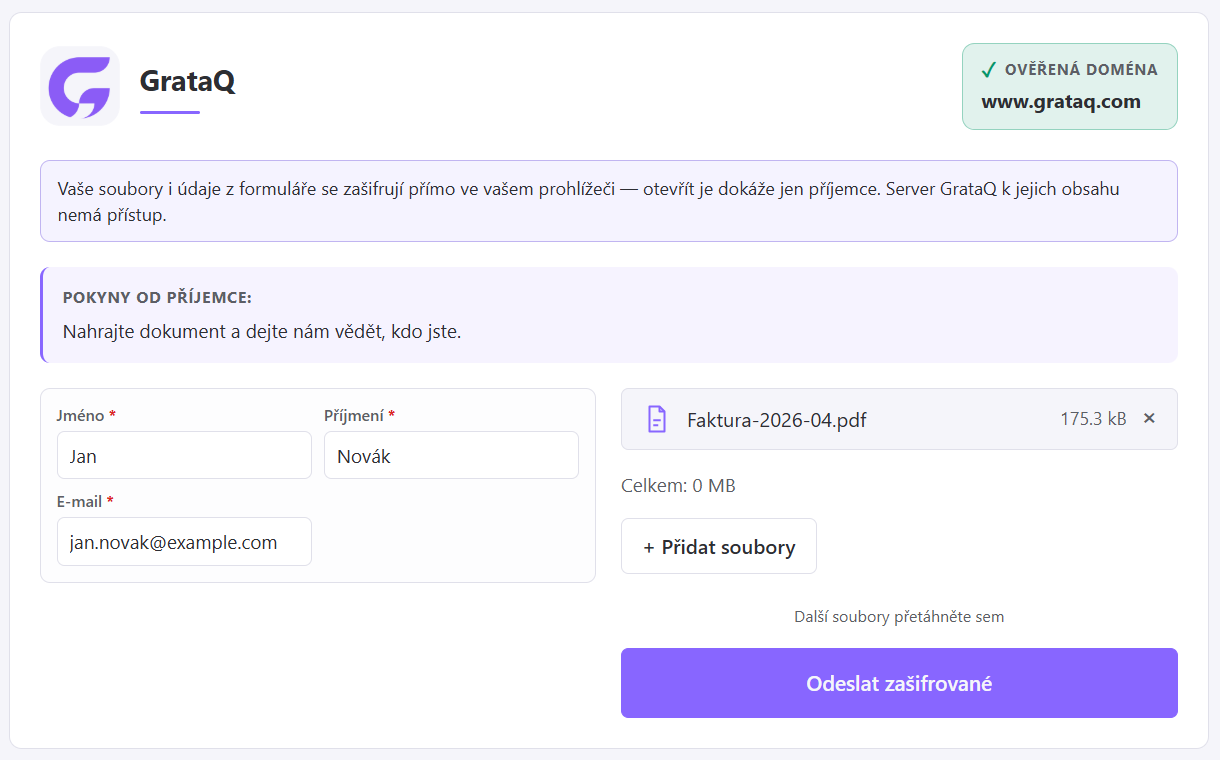 Náhled upload stránky: dokument a pole jméno a e-mail